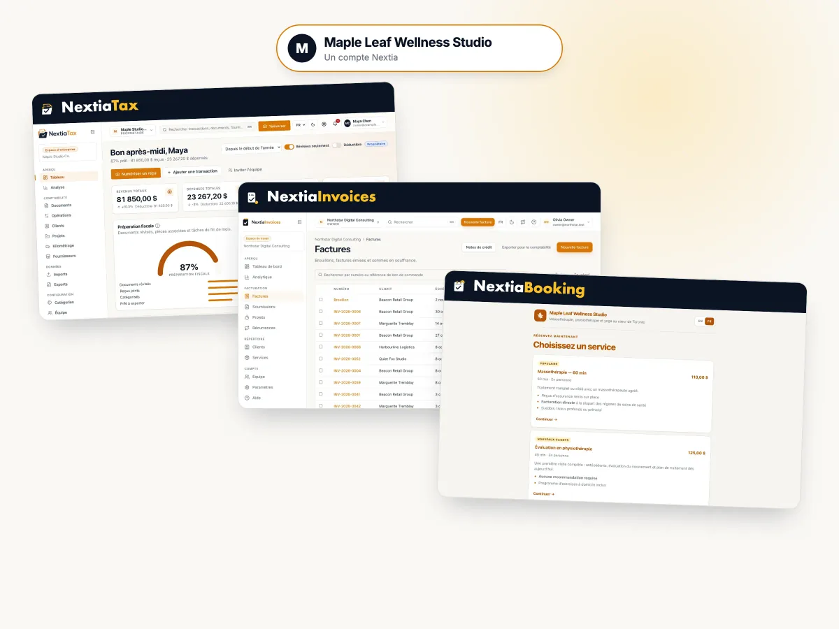 Les trois applications Nextia — Tax, Invoices et Booking — côte à côte, connectées à la même entreprise