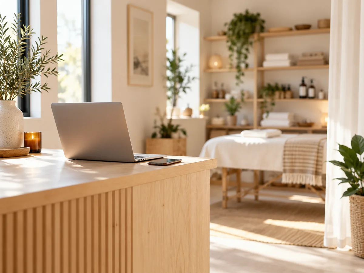 Une propriétaire de petite entreprise au comptoir, utilisant NextiaBusiness sur un ordinateur portable et un téléphone